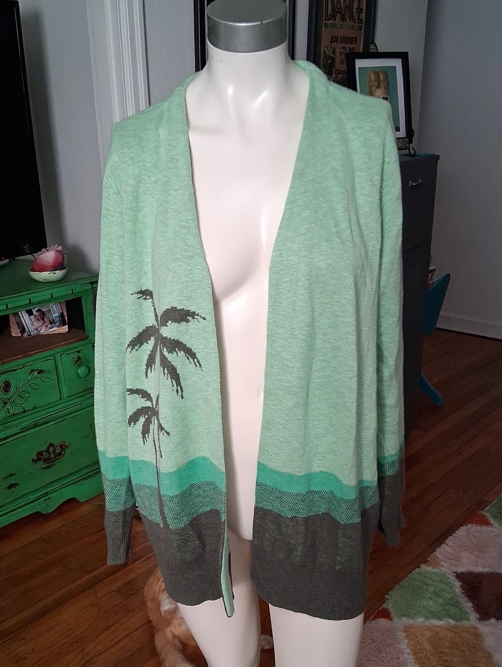 Open-Front Mint Green Palm-Print Cardigan Sweater